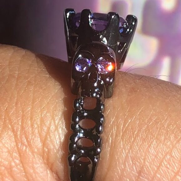 2PC Black Gold Plating Gothic Skull Rose Rings Crystal Amethyst Rhodolite - Picture 5 of 9